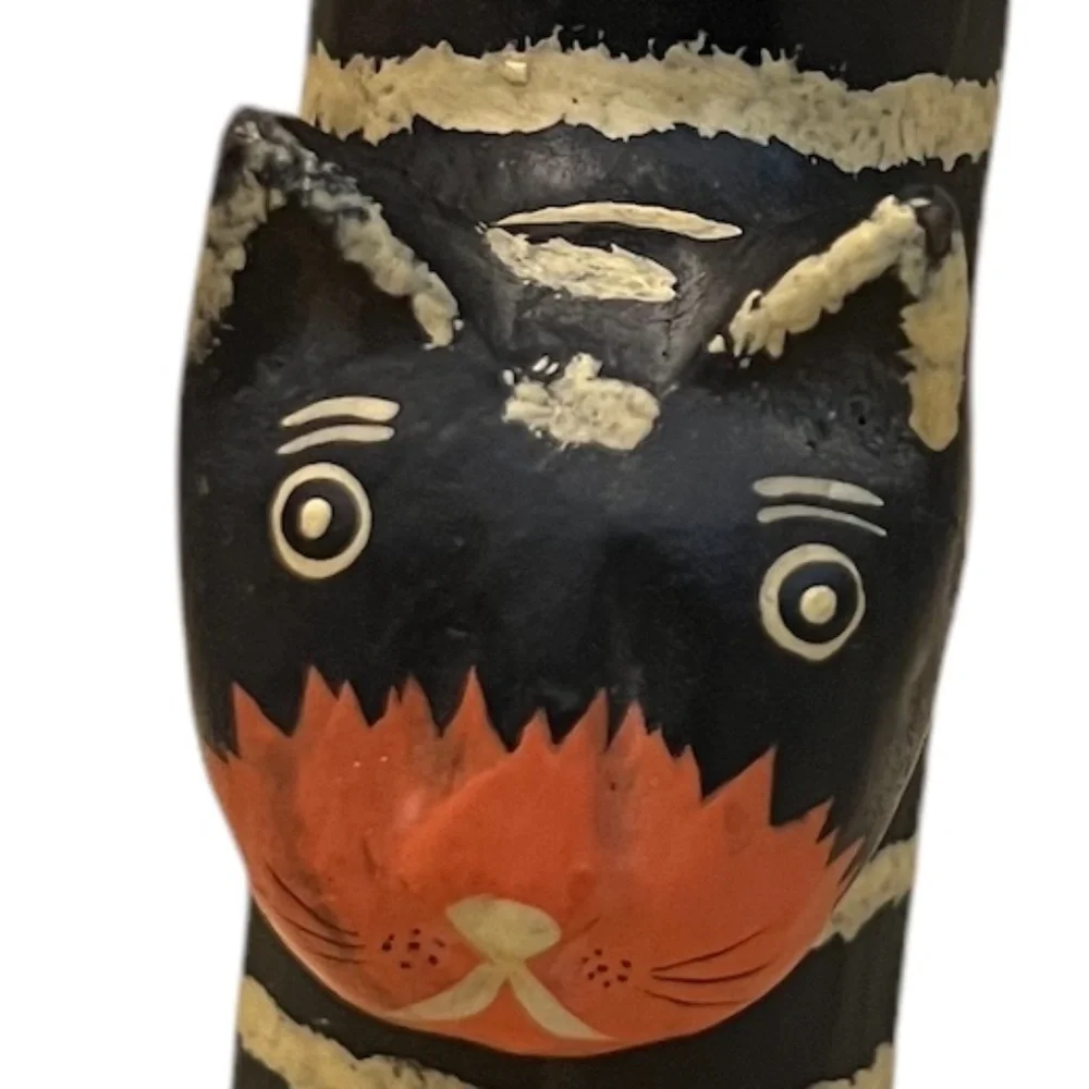 Carved Wood Hand‎ Painted Long Tail Striped Cat Figurine Ring Holder